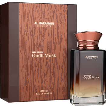 Al Haramain Oudh Musk EDP: ciemna butelka z miedzianą nakrętką i pasujące brązowe pudełko, widok z przodu.