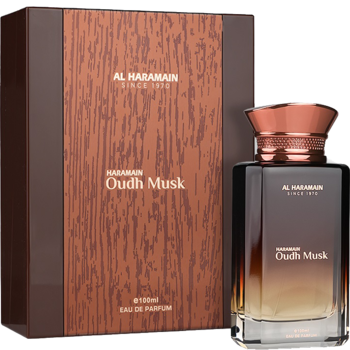 Al Haramain Oudh Musk EDP: ciemna butelka z miedzianą nakrętką i pasujące brązowe pudełko, widok z przodu.