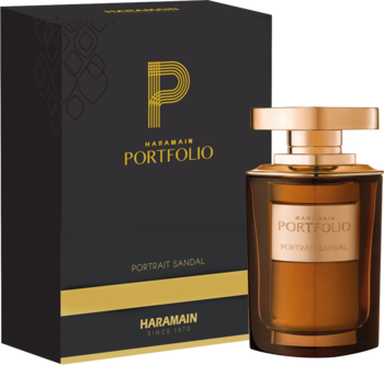 Al Haramain Portfolio Portrait Sandal, brązowa woda perfumowana uniseks obok czarno-złotego pudełka.