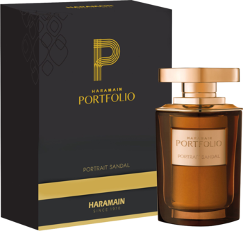 Al Haramain Portfolio Portrait Sandal, brązowa woda perfumowana uniseks obok czarno-złotego pudełka.