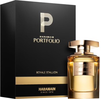 Luksusowe perfumy Al Haramain Portfolio Royale Stallion w złotej butelce obok czarnego pudełka z logo P.