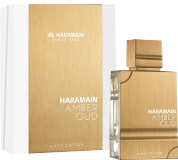 Al Haramain Amber Oud White Edition perfumy: złote pudełko z teksturą drewna i szklana butelka EDP, widok z przodu.