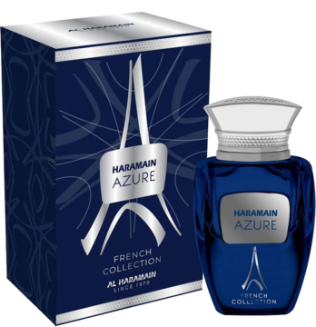 Al Haramain Azure woda perfumowana, granatowa butelka i pudełko z srebrnym motywem wieży Eiffla, widok pod kątem.