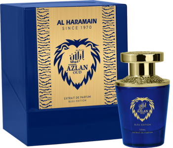 Granatowa butelka perfum Al Haramain Azlan Oud Blue Edition ze złotym lwem, obok dopasowane pudełko.