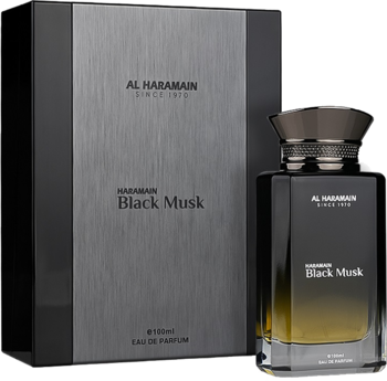 Czarna butelka Al Haramain Black Musk EDP ze złotym gradientem i dopasowane pudełko, widok pod kątem.