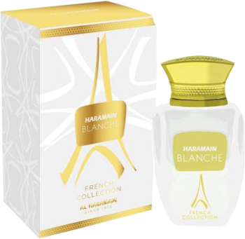 Biały flakon perfum Al Haramain Blanche z pudełkiem, złota zakrętka i wieża Eiffla, widok z przodu.