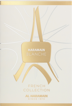 Kremowe opakowanie perfum Al Haramain Blanche z złotym reliefem wieży Eiffla i napisem 'French Collection', widok z przodu.