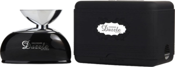 Perfume Dazzle Intense Al Haramain w czarnym flakonie ze srebrną zatyczką obok czarnego prostokątnego pudełka.