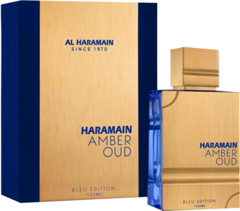 Al Haramain Amber Oud Bleu Edition EDP, niebieski flakon 100ml ze złotą etykietą obok pasującego pudełka.