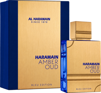 Złoto-niebieski flakon i pudełko perfum unisex Al Haramain Amber Oud Bleu Edition, widok z przodu na czarnym tle.