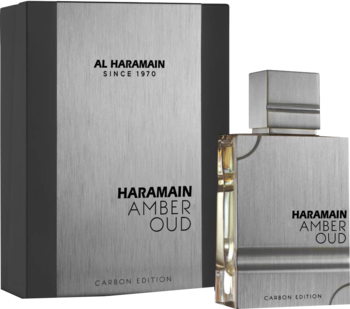 Flakon i pudełko perfum Al Haramain Amber Oud Carbon Edition, srebrne, z efektem szczotkowanego metalu.