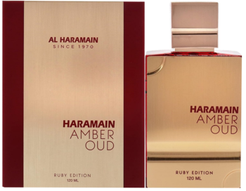 Al Haramain Amber Oud Ruby Edition: nowoczesna woda perfumowana uniseks, złoty flakon i bordowe pudełko, widok z przodu.