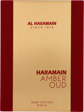Pudełko perfum Al Haramain Amber Oud Ruby Edition 60ml, złote z teksturą, czerwone boki, widok z przodu.
