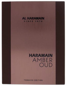 Ciemnobrązowe pudełko Al Haramain Amber Oud Tobacco Edition, matowe wykończenie, widok z przodu. Orientalna woda perfumowana.