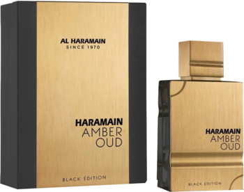 Złote perfumy Al Haramain Amber Oud Black Edition: butelka obok pasującego pudełka, widok z przodu.