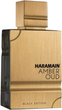 Złota butelka perfum Haromain Amber Oud Black Edition o szczotkowanym metalicznym wykończeniu, widok z przodu.