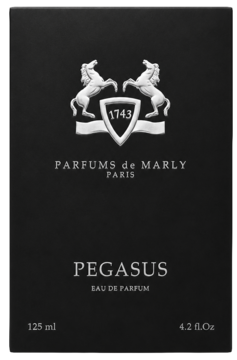 Czarne pudełko perfum Parfums De Marly Pegasus dla mężczyzn, z białym logo koni i nazwą, widok z przodu.