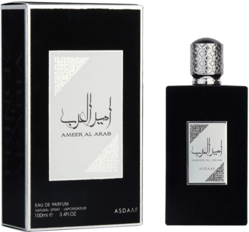Lattafa Ameer Al Arab EDP 100ml: elegancki czarny flakon z teksturowanym srebrnym korkiem i pasujące pudełko z białą etykietą.