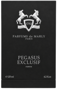 Czarne, matowe pudełko perfum Parfums de Marly Pegasus Exclusif, z emblematem koni i srebrnym napisem, widok z przodu.