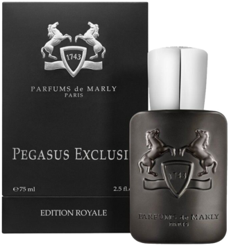Ujęcie z przodu: perfumy Parfums de Marly Pegasus Exclusif w ciemnej butelce ze srebrnym emblematem, obok czarnego opakowania.