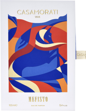 Białe pudełko perfum Casamorati Mefisto EDP z abstrakcyjną, kolorową grafiką w odcieniach błękitu i czerwieni.