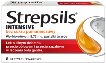 STREPSILS Intensive ,pastylki twarde do ssania, przeciwbólowe, przeciwzapalne, bez cukru, smak pomarańczowy,przód