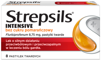 Strepsils Intensive, pomarańczowe pastylki bez cukru z flurbiprofenem. Biało-czerwone pudełko 8 sztuk, widok z przodu.