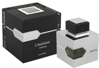 Al Haramain L'Aventure Intense: srebrna butelka perfum męskich obok eleganckiego czarnego pudełka.
