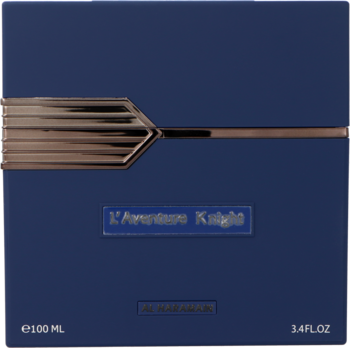 L'Aventure Knight Al Haramain, front granatowego pudełka wody perfumowanej ze srebrnym metalicznym zdobieniem.