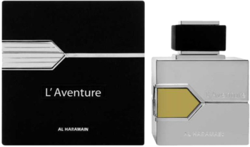 L'Aventure Al Haramain męska EDP, czarne pudełko z srebrnym wzorem i srebrny flakon z złotym akcentem, przód.