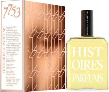 Żółty flakon perfum Histoires de Parfums 7753 z czarną nakrętką, obok otwartego ozdobnego pudełka.