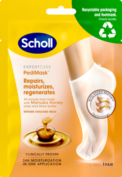 Żółta maska do stóp Scholl PediMask z miodem Manuka i masłem shea, nawilżająca, widok z przodu.