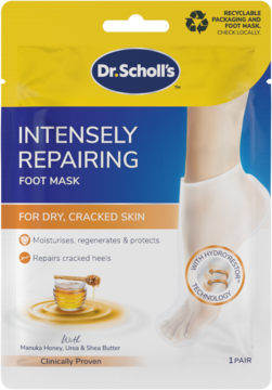 Żółto-niebieskie opakowanie Dr. Scholl's maski do stóp skarpetek, z Manuka, Urea i Shea Butter, widok z przodu.