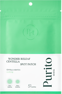 Purito Wonder Releaf Centella Spot Patch w zielonym opakowaniu, widok z przodu, 51 niewidocznych plastrów.