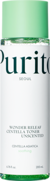 Purito Wonder Releaf Centella Toner Unscented w przezroczystej butelce z zieloną nakrętką, widok z przodu.