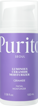 Biała butelka Purito Luminous Ceramide Moisturizer z fioletową etykietą, widok z przodu, 100 ml.