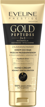 Eveline Prestige Gold Peptides, złoty krem do rąk 3w1 przeciw przebarwieniom, tuba stojąca frontem.