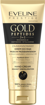 Eveline Prestige Gold Peptides, złoty krem do rąk 3w1 przeciw przebarwieniom, tuba stojąca frontem.