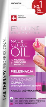 Różowo-białe opakowanie Eveline Nail Therapy Nail & Cuticle Oil 3w1, widok z przodu, z kroplą olejku na paznokciu.