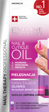 Różowo-białe opakowanie Eveline Nail Therapy Nail & Cuticle Oil 3w1, widok z przodu, z kroplą olejku na paznokciu.