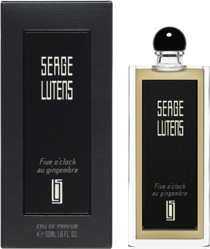 Serge Lutens Five O'clock Au Gingembre EDP: czarne, teksturowane pudełko obok szklanej butelki z czarną etykietą.