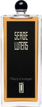 Serge Lutens Fleurs d'oranger perfumy w bursztynowej butelce z czarną etykietą, widok z przodu.