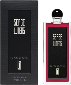 Serge Lutens La Fille de Berlin EDP 50ml, czarne pudełko i czerwona butelka, widok z przodu, obok siebie.