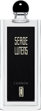 Perfumy Serge Lutens L'Orpheline: biała butelka z czarnym panelem, logo, kulista nakrętka, widok z przodu.