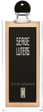 Serge Lutens Nuit De Cellophane perfumy, prostokątna butelka z czarną etykietą i białym napisem, widok z przodu.