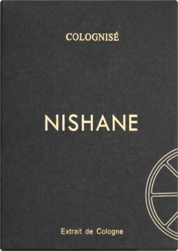 Ciemne, teksturowane opakowanie perfum Nishane Colognisé Extrait de Cologne ze złotymi napisami, widok z przodu.