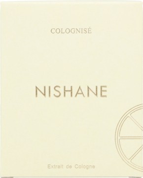 Kremowe pudełko Nishane Colognisé Extrait de Cologne, widok z przodu, z wytłoczonym złotym napisem i cytrusowym wzorem.