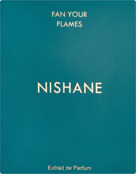 Nishane Fan Your Flames Extrait de Parfum, matowe turkusowe pudełko, widok z przodu, złote napisy.