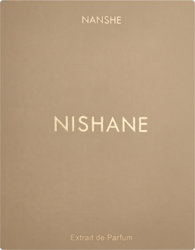 Nanshe Nishane Extrait de Parfum, beżowe matowe opakowanie z metalicznymi złotymi napisami, widok z przodu.