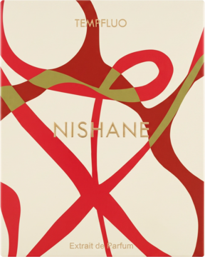 Nishane Tempfluo Extrait de Parfum, kremowo-białe pudełko z abstrakcyjnymi czerwonymi i złotymi liniami, widok z przodu.